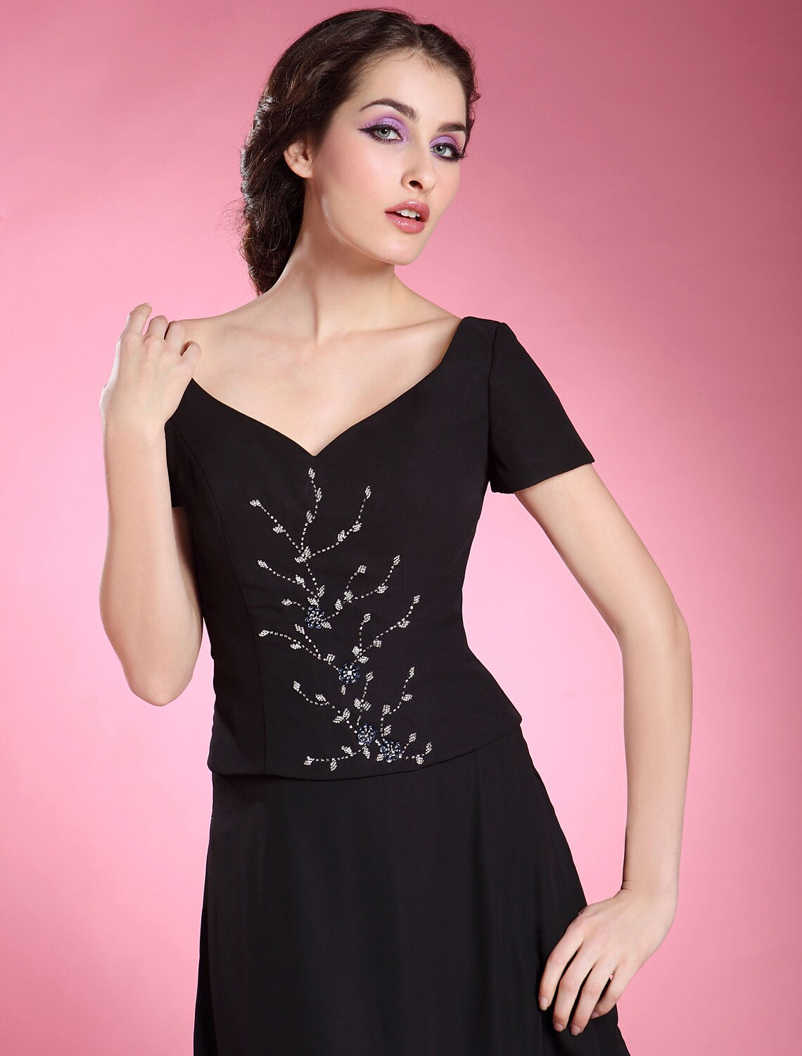 Formal Evening Floor Length Short Sleeve V Neck with Beading Ruffles