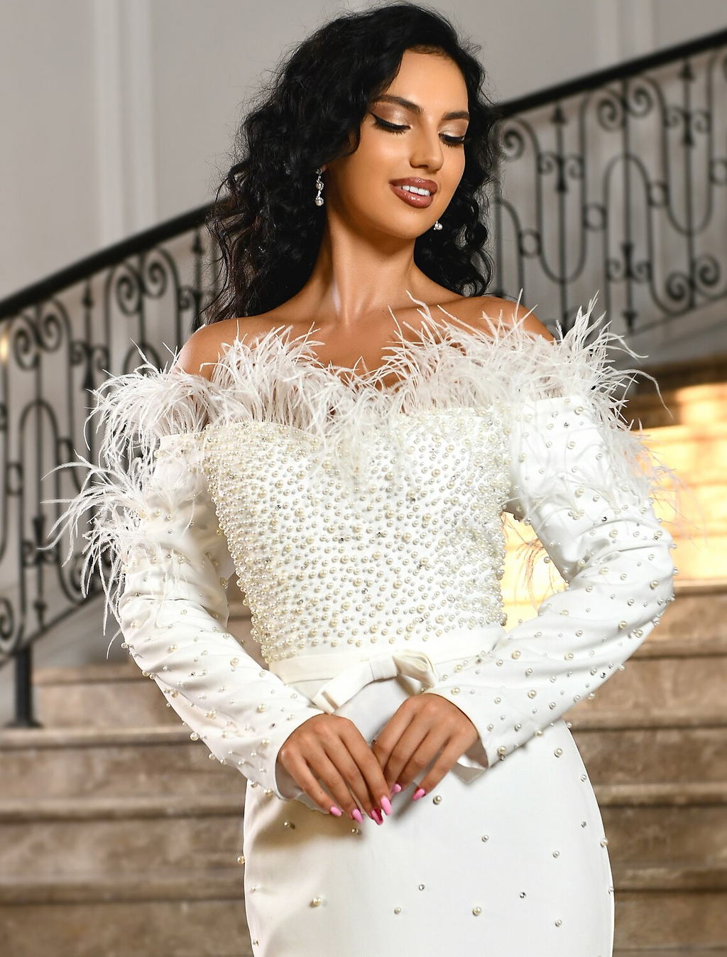 Engagement Formal Wedding Dresses Floor Length Long Sleeve Off Shoulder Fabric With Bow(s)