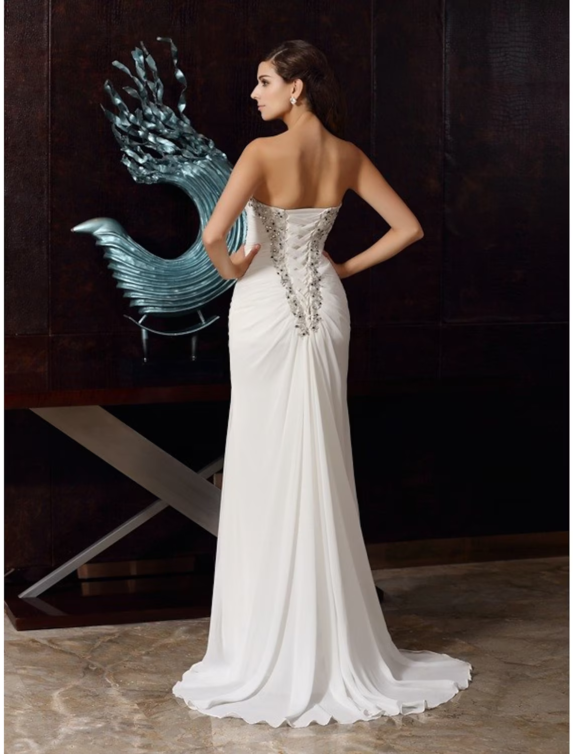 Evening Gown Elegant Dress Party Wear Sleeveless Strapless with Rhinestone Ruched