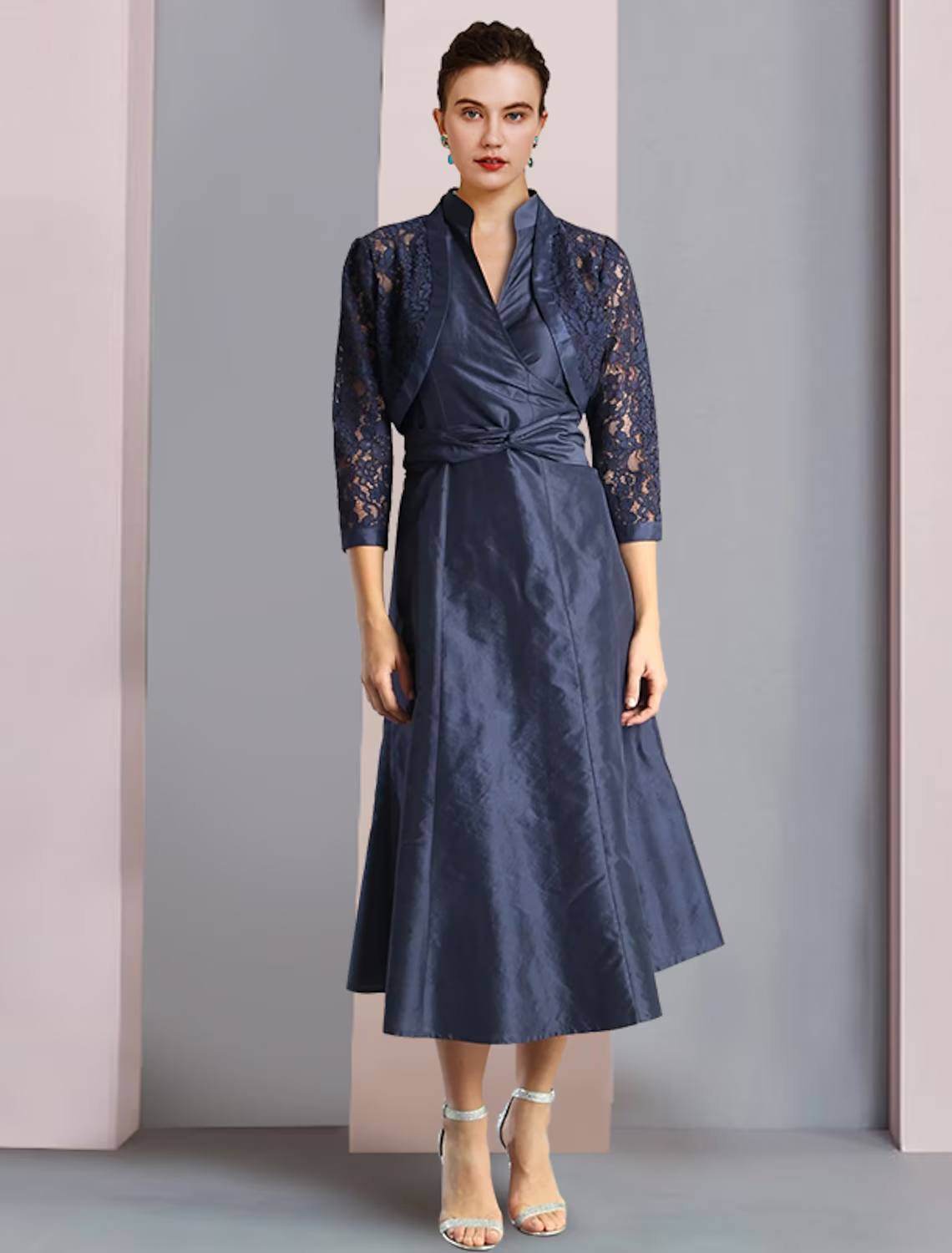 Two Piece A-Line Mother of the Bride Dress Formal Wedding Guest Elegant Shirt Collar Tea Length Sleeveless Wrap Included with Pleats
