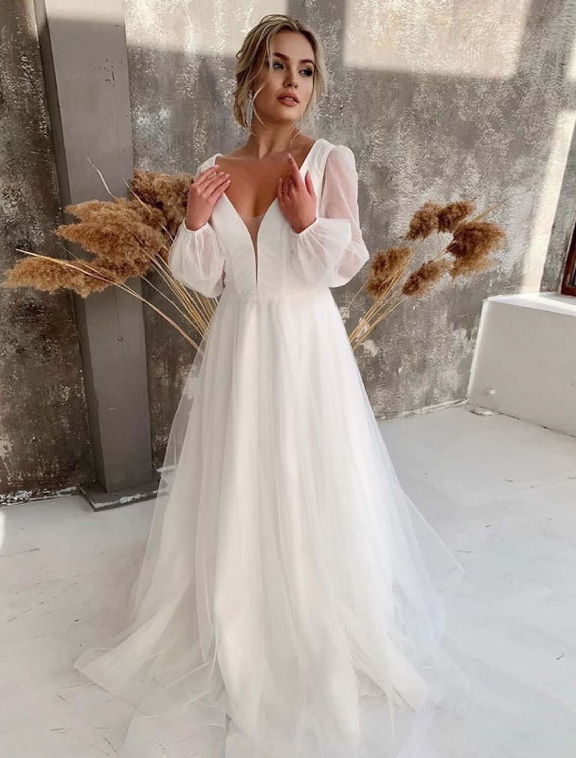 Casual Wedding Dresses Court Train A-Line Long Sleeve V Neck