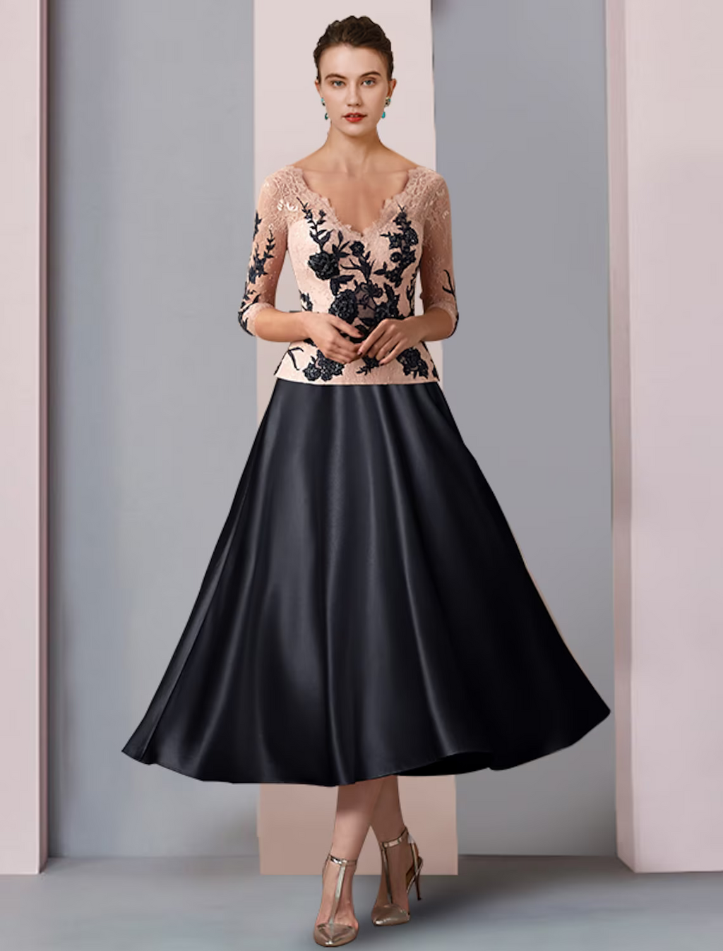 Mother of the Bride Dress Formal Wedding Guest Party Elegant V Neck Length Sleeve with Pleats