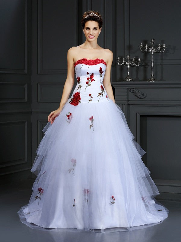 Ball Gown Strapless Hand-Made Flower Sleeveless Long Wedding Dresses