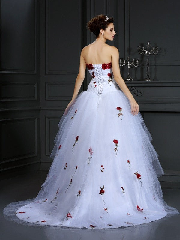 Ball Gown Strapless Hand-Made Flower Sleeveless Long Wedding Dresses