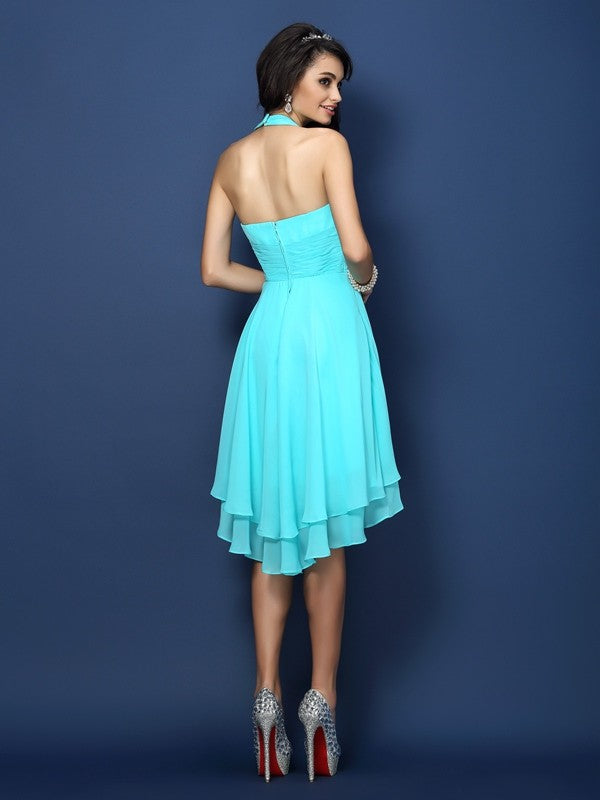 A-Line/Princess Halter Pleats Sleeveless Short Bridesmaid Dresses