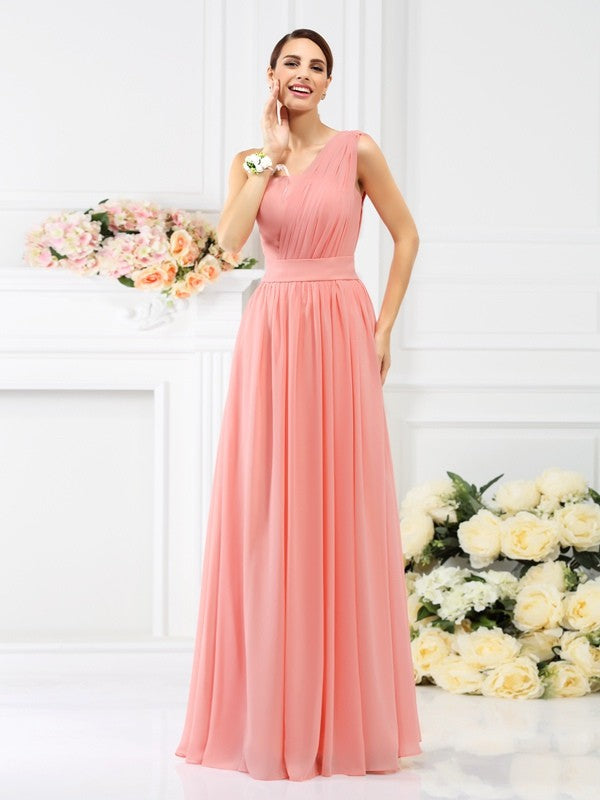 A-Line/Princess One-Shoulder Pleats Sleeveless Long Bridesmaid Dresses