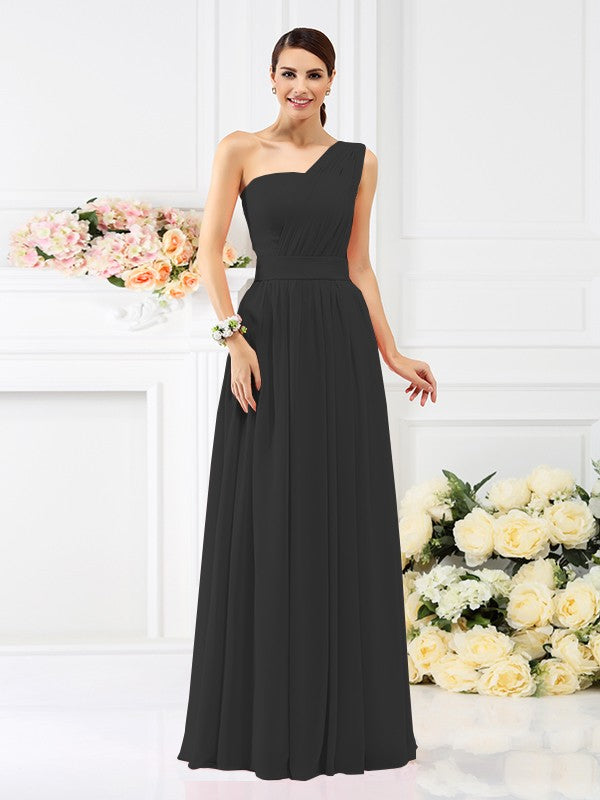 A-Line/Princess One-Shoulder Pleats Sleeveless Long Bridesmaid Dresses