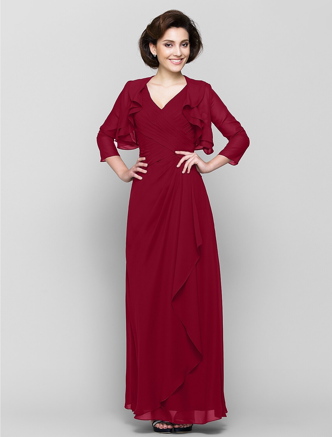 Sheath / Column Mother of the Bride Dress Convertible Dress V Neck Floor Length 3/4 Length Sleeve with Criss Cross Cascading Ruffles