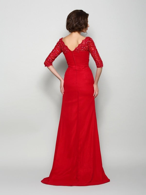 A-Line/Princess V-neck Beading 1/2 Sleeves Applique Long Mother of the Bride Dresses