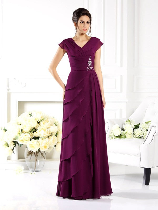 A-Line/Princess V-neck Short Sleeves Long Mother of the Bride Dresses