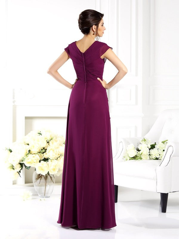 A-Line/Princess V-neck Short Sleeves Long Mother of the Bride Dresses