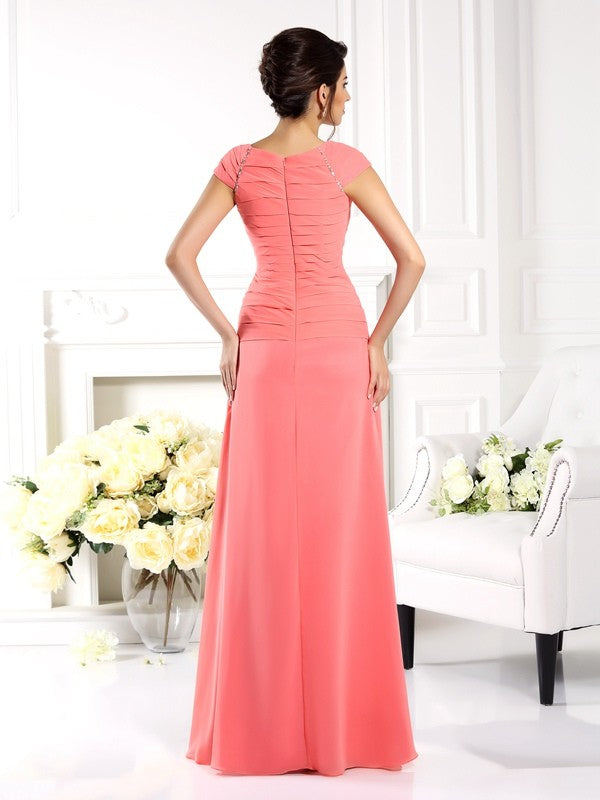 A-Line/Princess Bateau Short Sleeves Long Mother of the Bride Dresses