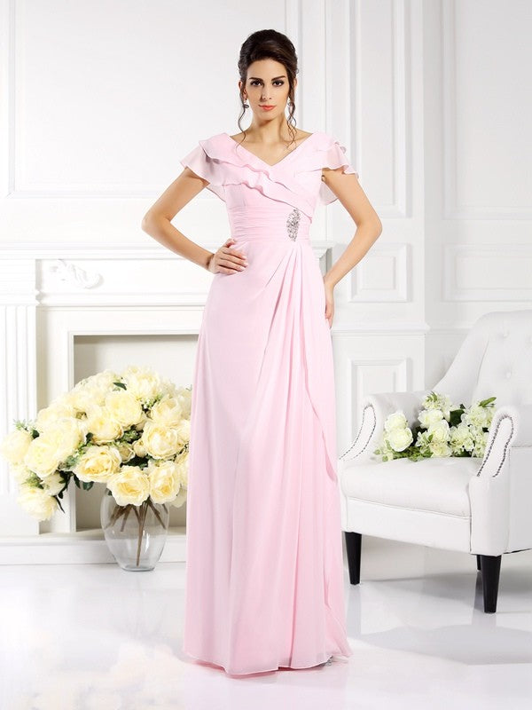 A-Line/Princess V-neck Ruffles Short Sleeves Long Mother of the Bride Dresses