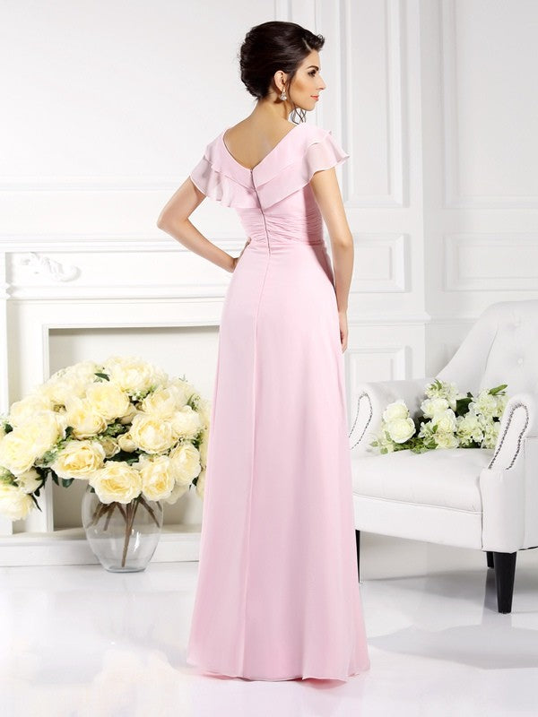 A-Line/Princess V-neck Ruffles Short Sleeves Long Mother of the Bride Dresses