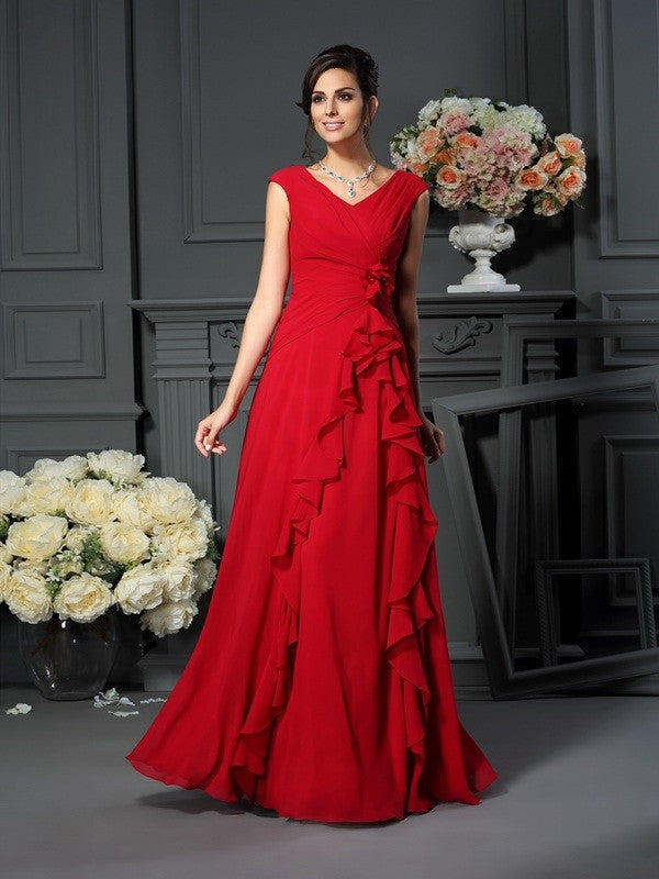 A-Line/Princess V-neck Hand-Made Flower Sleeveless Long Mother of the Bride Dresses