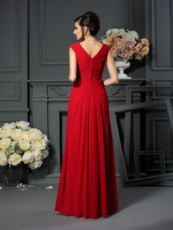 A-Line/Princess V-neck Hand-Made Flower Sleeveless Long Mother of the Bride Dresses