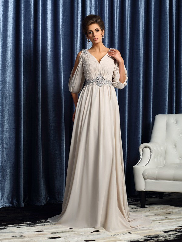 A-Line/Princess V-neck Beading 1/2 Sleeves Long Mother of the Bride Dresses