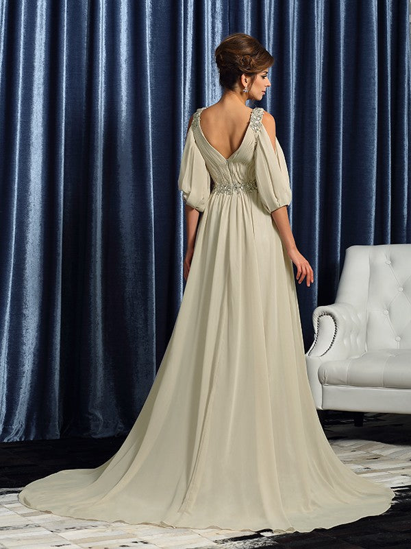 A-Line/Princess V-neck Beading 1/2 Sleeves Long Mother of the Bride Dresses