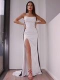 Sheath/Column Elastic Woven Ruched Strapless Sleeveless Sweep/Brush Train Dresses