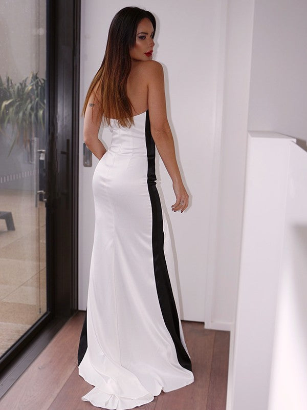 Sheath/Column Elastic Woven Ruched Strapless Sleeveless Sweep/Brush Train Dresses
