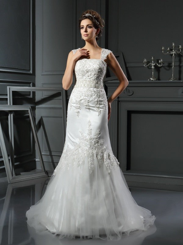 Trumpet/Mermaid Straps Applique Sleeveless Long Wedding Dresses