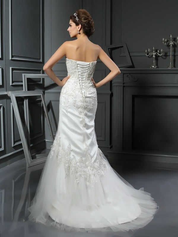 Trumpet/Mermaid Straps Applique Sleeveless Long Wedding Dresses