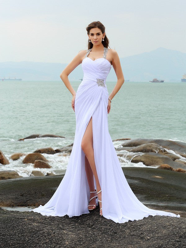 Sheath/Column Straps Beading Sleeveless Long Beach Wedding Dresses
