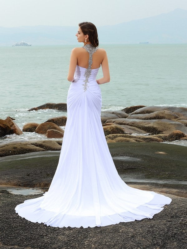 Sheath/Column Straps Beading Sleeveless Long Beach Wedding Dresses