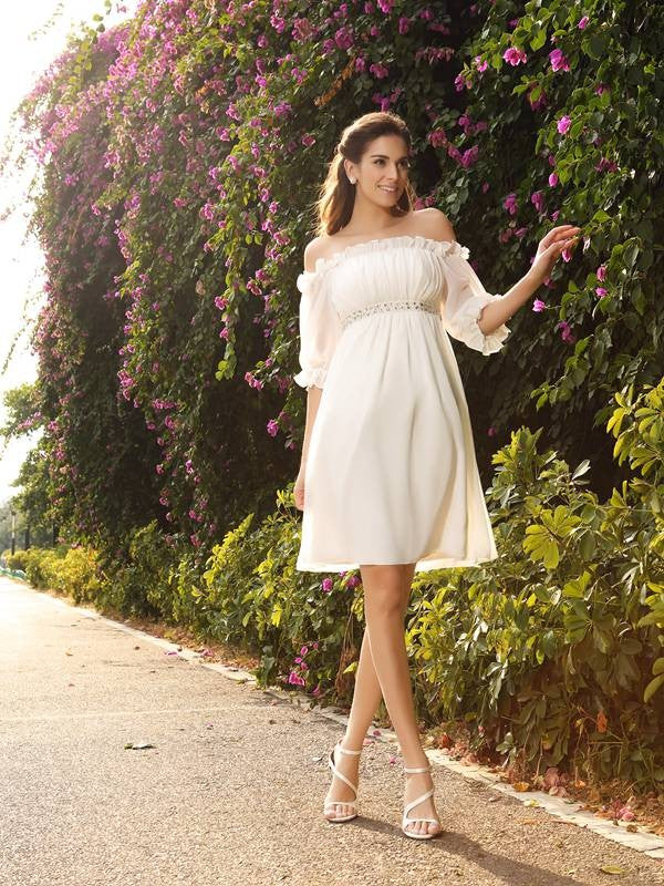 A-Line/Princess Off-the-Shoulder Beading 1/2 Sleeves Short Wedding Dresses
