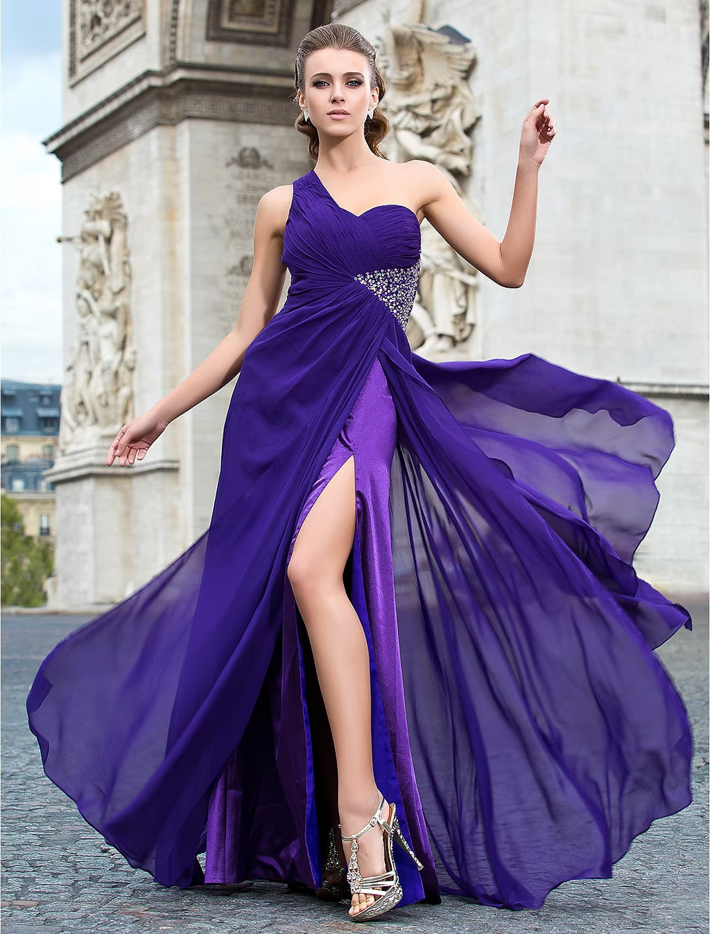 Timeless Dress Formal Evening Floor Length Sleeveless One Shoulder with Beading Split Front