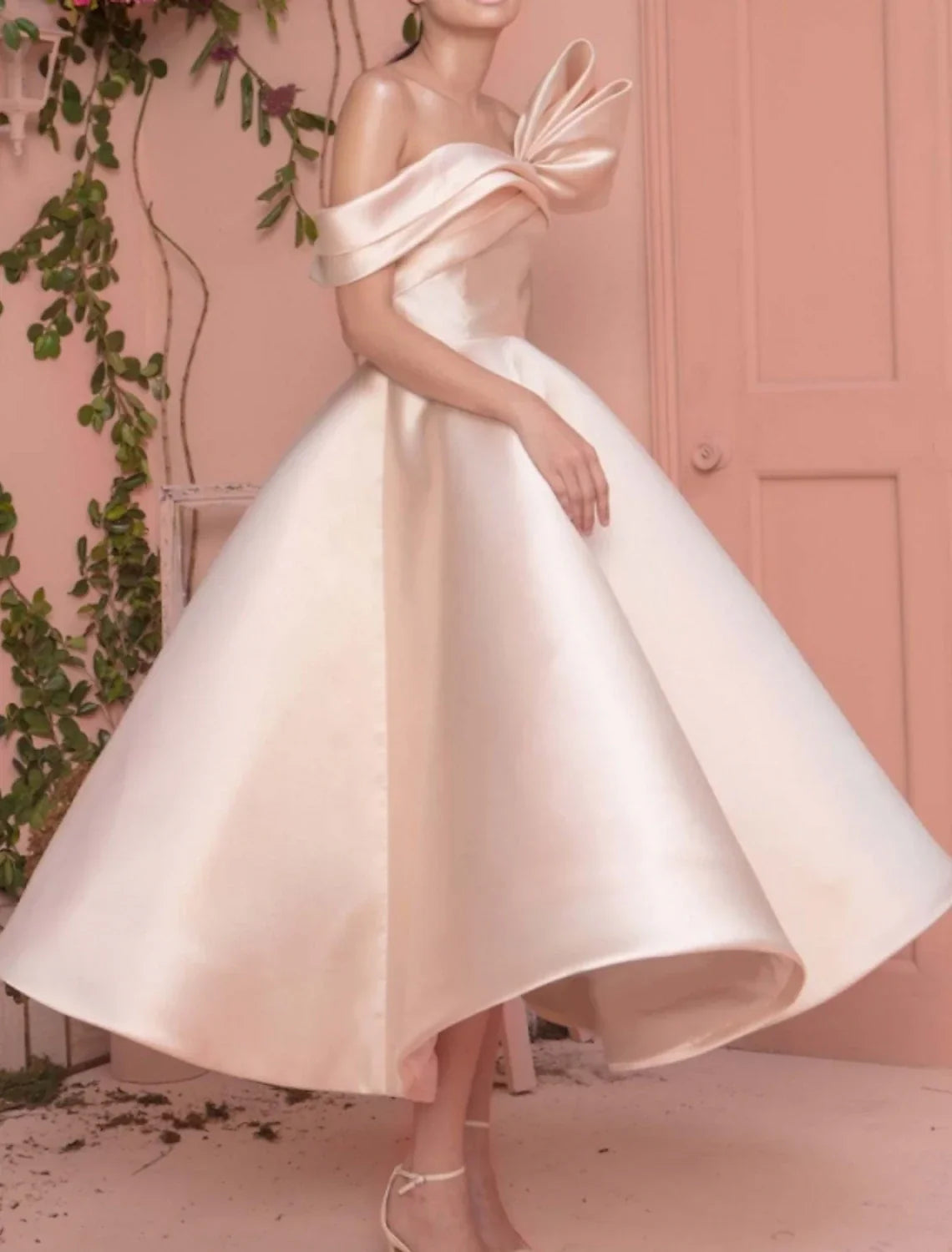 Minimalist Elegant Engagement Prom Valentine's Day Dress Off Shoulder Short Sleeve Ankle Length with Sleek