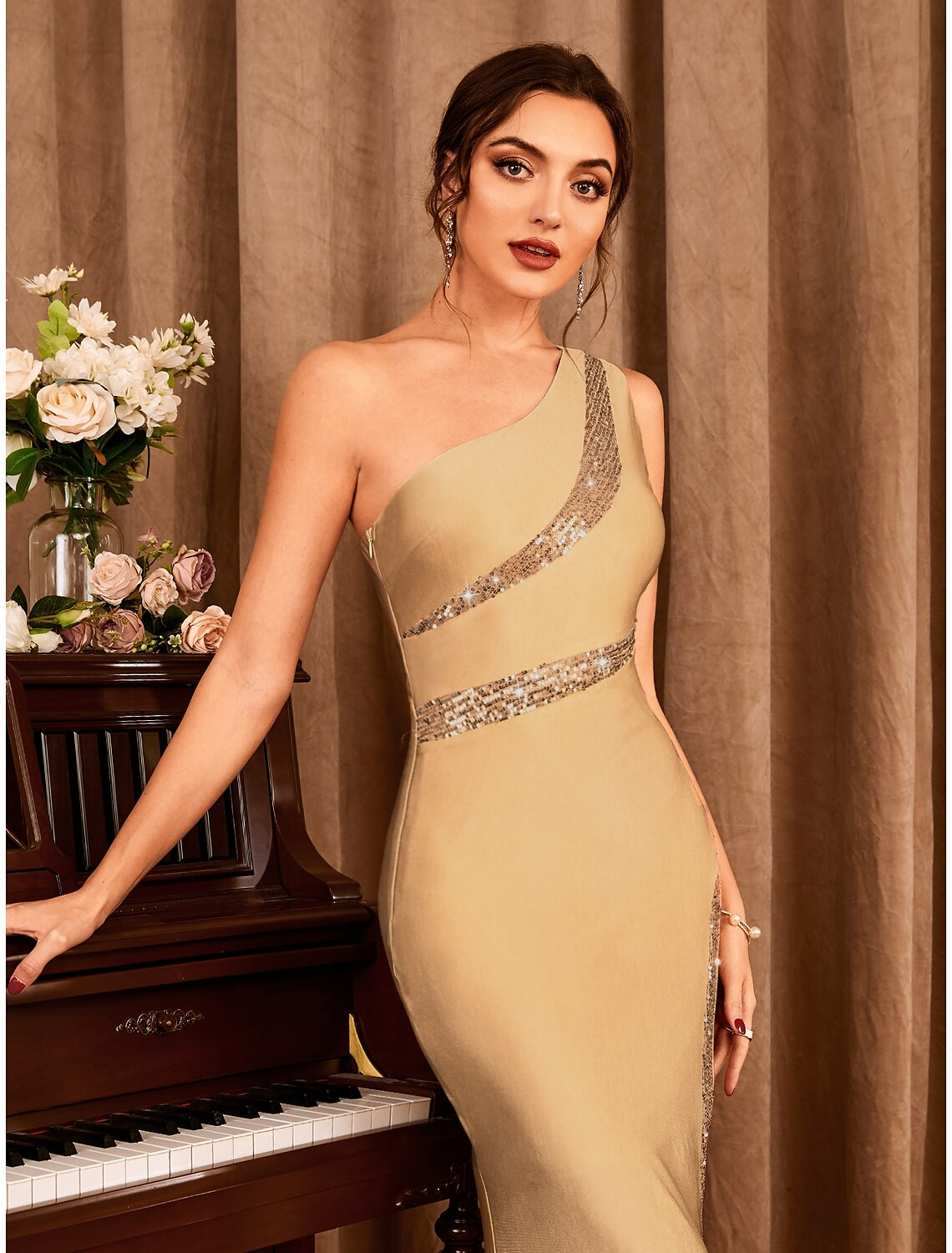 Party Dresses Sexy Dress Wedding Party Floor Length Sleeveless One Shoulder with Glitter