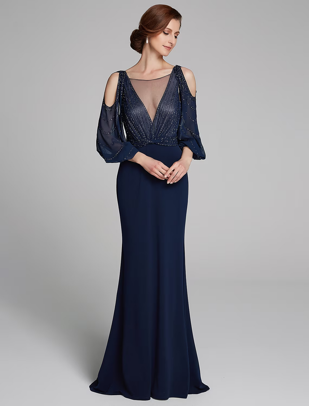 Mother of the Bride Dress Sparkle Shine Boat Neck Floor Length Long Sleeve No with Beading Ruching
