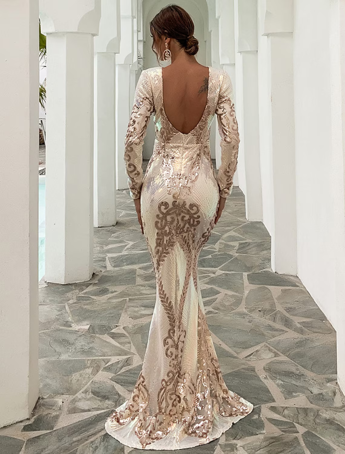 Evening Gown Sexy Dress Formal Long Sleeve Jewel Neck Backless