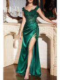 Green Mermaid Evening Gown Sexy Dress Formal Christmas Red Dress Floor Length Sleeveless V Neck Charmeuse with Slit Appliques