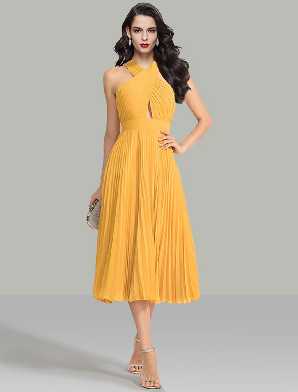 Wedding Guest Dresses Elegant Dress Cocktail Party Tea Length Sleeveless Halter with Ruched