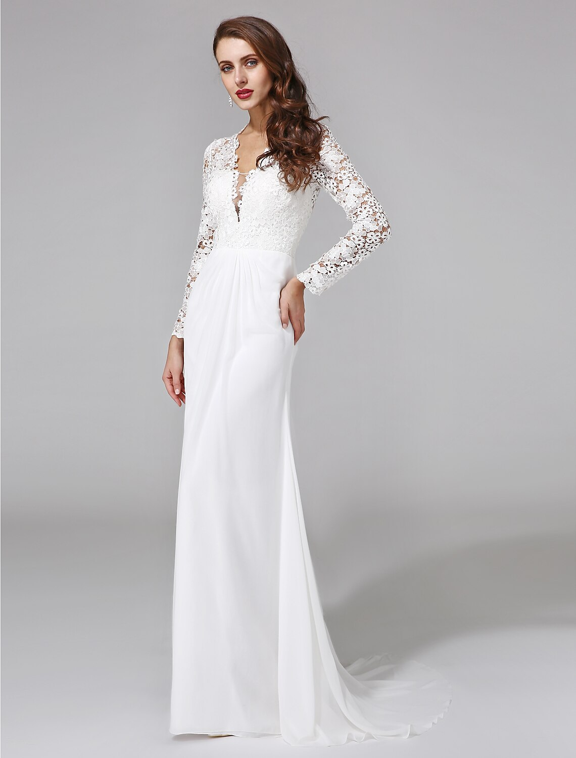 Beach Royal Style Wedding Dresses Long Sleeve V Neck With Button
