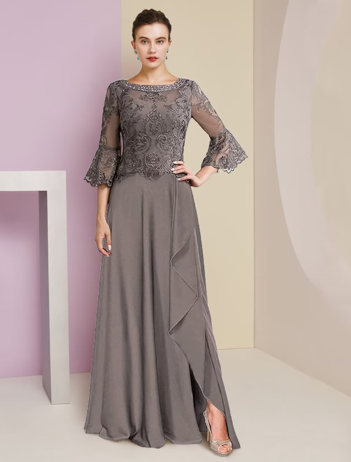 Mother of the Bride Dress Formal Elegant V Neck Length Sleeve with Beading Appliques