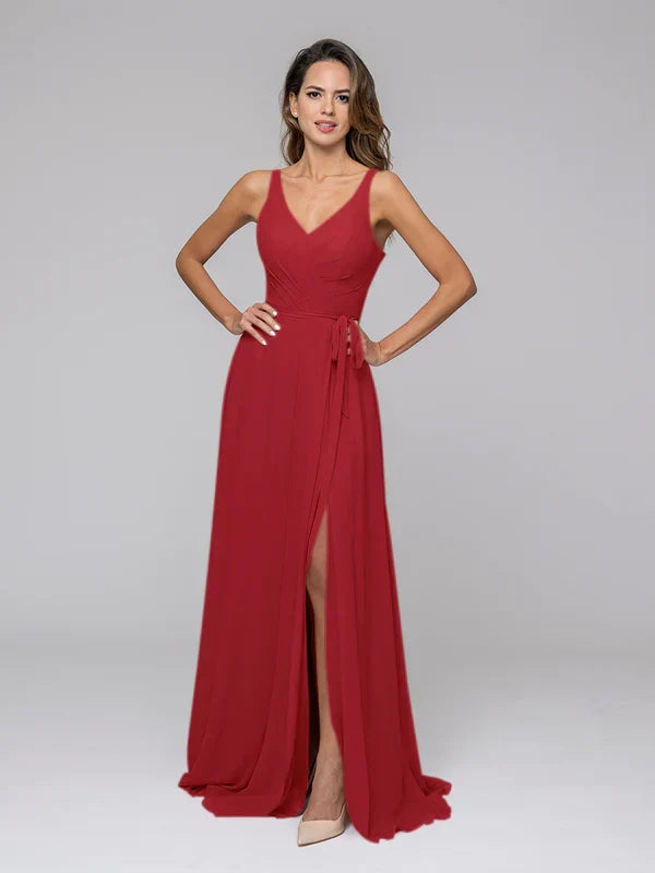 Straps Long Bridesmaid Dresses With Side Slit