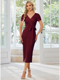 Wedding Guest Dresses Dress Party Wear Length Short Sleeve V Neck Fabric with Slit Strappy