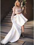 White Bridal Shower Little Dresses Wedding Dresses Asymmetrical Two Piece Long Sleeve With Pleats Appliques