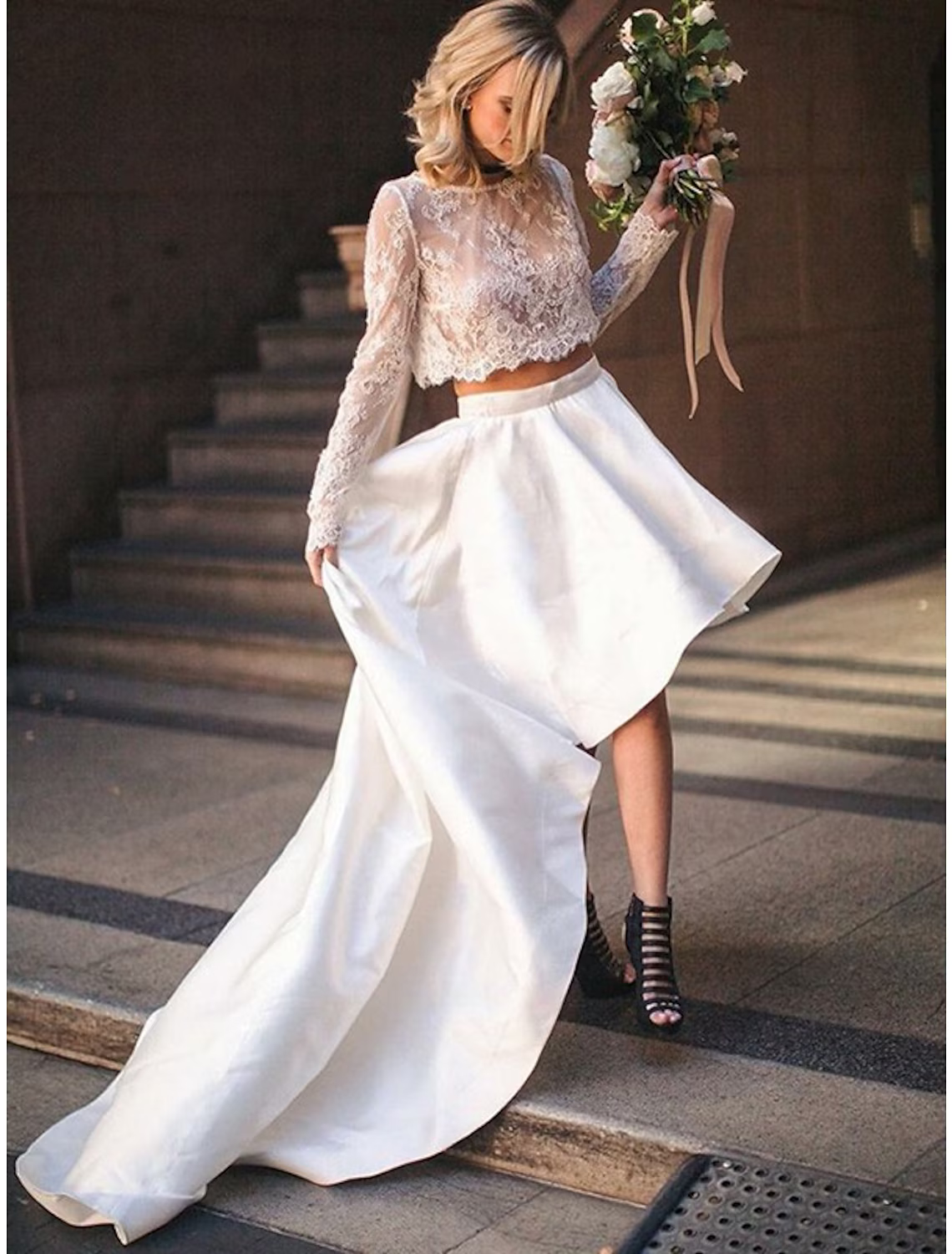 White Bridal Shower Little Dresses Wedding Dresses Asymmetrical Two Piece Long Sleeve With Pleats Appliques