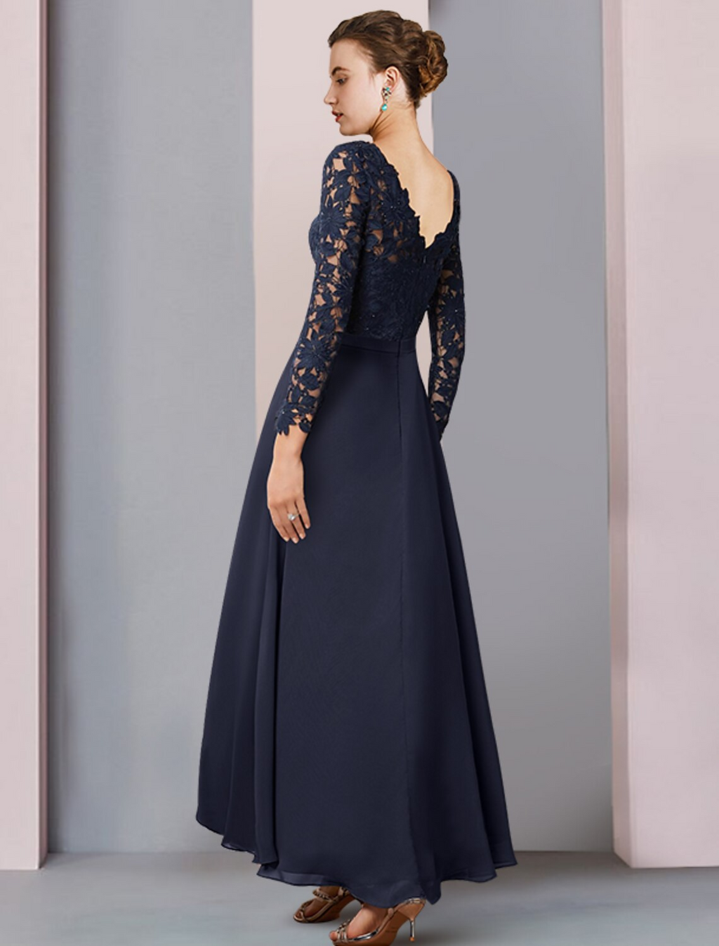 Mother of the Bride Dress Wedding Guest Vintage Elegant V Neck Asymmetrical Long Sleeve with Pleats