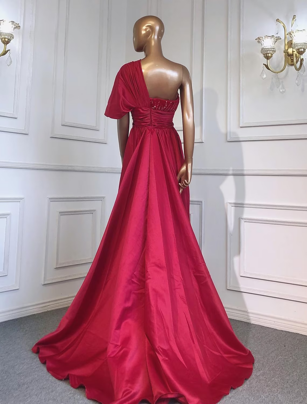 Evening Gown Luxurious Dress Formal Short Sleeve One Shoulder Charmeuse with Ruched Crystals