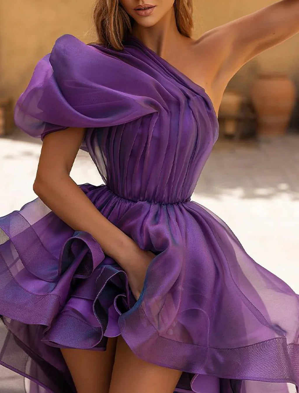 Purple Evening Gown Wedding Prom Dress Sexy High Low Formal Dress Sleeveless One Shoulder with Ruffles