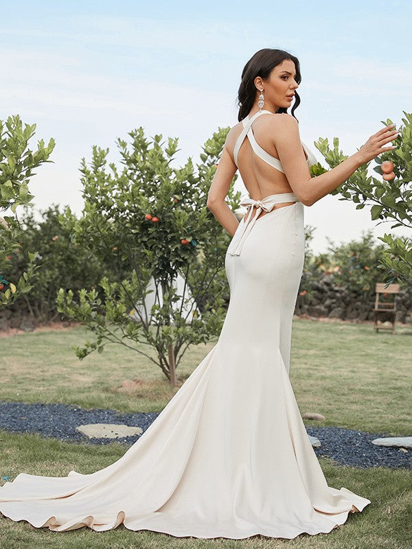 Sheath/Column Ruched V-neck Sleeveless Sweep/Brush Train Dresses