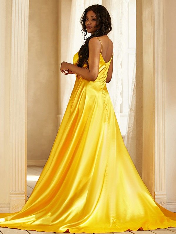 A-Line/Princess like Ruched V-neck Sleeveless Sweep/Brush Train Dresses