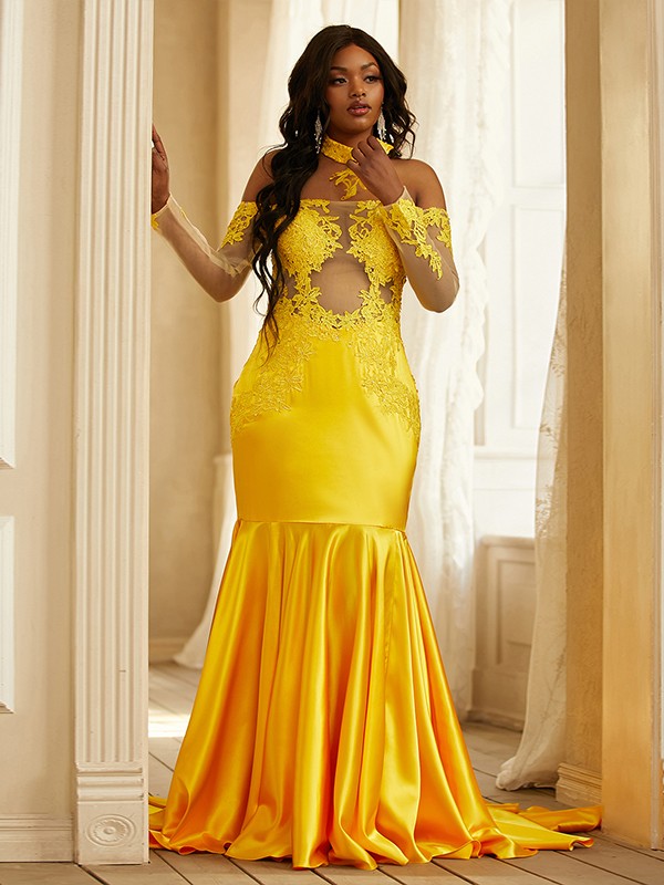 Trumpet/Mermaid Elastic Woven Applique Off-the-Shoulder Long Sleeves Sweep/Brush Train Dresses