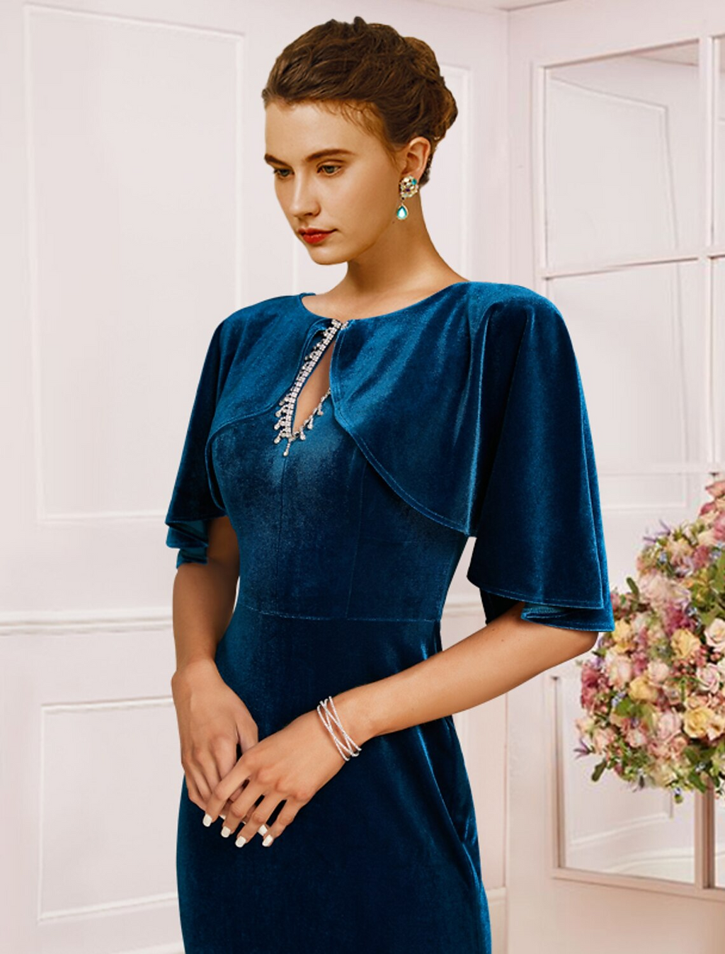 Mother of the Bride Dress Wedding Guest Vintage Elegant Scoop Neck Half Sleeve with Pleats Beading