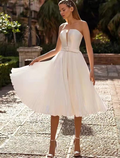 White Bridal Shower Little Dresses Wedding Dresses Tea Length A-Line Sleeveless Strapless